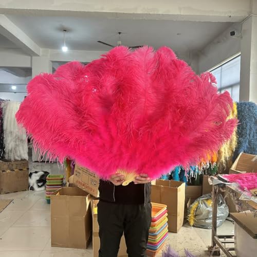 Gelbe große Straußenfederfächer, flauschiger Performance-Tanz-Handfächer, faltbar, verschiedene Stile, Party-Requisiten, Bühnenshow-Requisiten, Fächer – Wassermelonenrot – 130 cm, 1 Stü von ZFISH