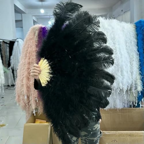Großer Straußenfederfächer mit 13 Knochen, 90 cm, 130 cm, für Burlesque-Tanz, Showgirl-Kostüme, Halloween, Griff, Bastelfächer, Großhandel, schwarz, 90 cm, 1 Stück von ZFISH