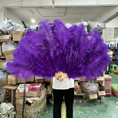 Handgehaltener großer roter Straußenfederfächer, 100 cm und 130 cm, für Karneval, Bauchtanz, Bühnenauftritte, Federfächer, Federn, Kunsthandwerk, 13 Knochen-15 Lila-130 cm, 1 Stück von ZFISH
