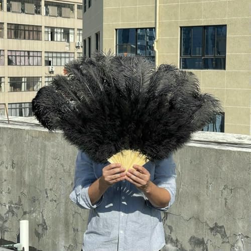 Maßgefertigte weiße, faltbare Straußenfederfächer für Hochzeitsauftritte, Partys, Bühnenshow-Requisiten, farbiges Kunsthandwerk, Straußenfederfächer, schwarz, großer Fächer, 2 Stück von ZFISH