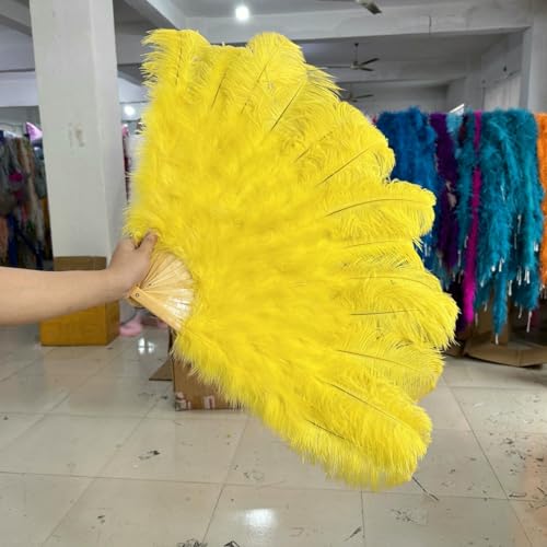 Natürlicher lila Straußenfederfächer für Tanzshows, Halloween-Partys, Hochzeiten, Bühnenrequisiten, Handfächer mit flauschigen weißen Federn, 13 Knochen, gelb, großer Fächer, 2 Stück von ZFISH
