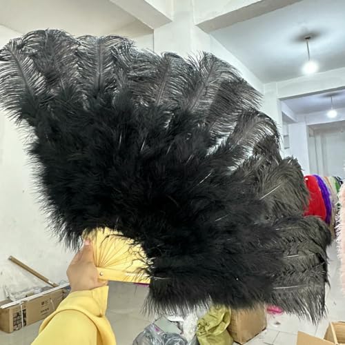 Rosa Straußenfederfächer, 13 Knochen, Handfederfächer, faltbar, für Bühnenshow, Karneval, Party, Bauchtanz, Requisiten, Dekoration, Fächer, schwarz, 100 cm von ZFISH