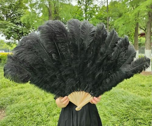 Rosenroter Fächer aus Straußenfedern, 13 Knochenfedern, faltbar, 100 cm 130 cm, für Tanz, Karneval, Hochzeit, Party, Bühnenauftritt, schwarz, großer Fächer, 2 Stück Rosenroter Fächer aus Straußenfedern, 13 Knochenfedern, faltbar, 100 cm 130 cm, für Tanz, Karneval, Hochzeit, Party, Bühnenauftritt, schwarz, großer Fächer, 2 Stück von ZFISH