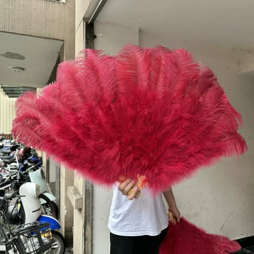 White 130 * 75CM Big Fluffy Ostrich Feather Fans 100 * 60CM Rose Feather Fan Party Carnival Dance Performance Hands Held Folding Fan-07 Wine Red-100CM 2PCS von ZFISH