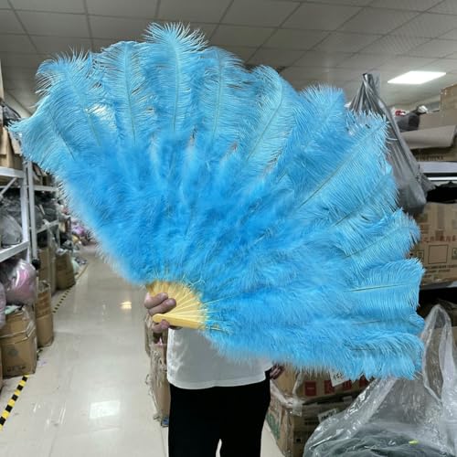 White 130 * 75CM Big Fluffy Ostrich Feather Fans 100 * 60CM Rose Feather Fan Party Carnival Dance Performance Hands Held Folding Fan-28 Sky Blue-130CM 1PCS von ZFISH