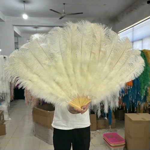 White 130 * 75CM Big Fluffy Ostrich Feather Fans 100 * 60CM Rose Feather Fan Party Carnival Dance Performance Hands Held Folding Fan-Beige-100CM 2PCS von ZFISH