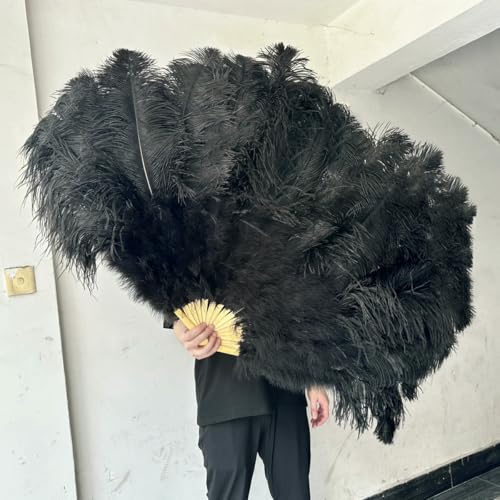 White 130 * 75CM Big Fluffy Ostrich Feather Fans 100 * 60CM Rose Feather Fan Party Carnival Dance Performance Hands Held Folding Fan-Black-100CM 1PCS von ZFISH