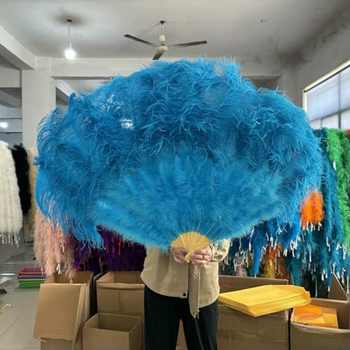 White 130 * 75CM Big Fluffy Ostrich Feather Fans 100 * 60CM Rose Feather Fan Party Carnival Dance Performance Hands Held Folding Fan-Lake Blue-130CM 1PCS von ZFISH