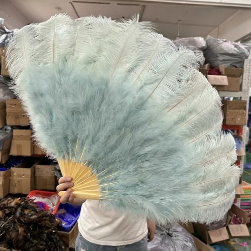 White 130 * 75CM Big Fluffy Ostrich Feather Fans 100 * 60CM Rose Feather Fan Party Carnival Dance Performance Hands Held Folding Fan-Light Blue-130CM 2PCS von ZFISH