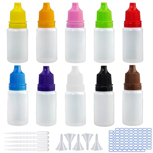 ZFKXGS 100Stk Tropfflasche 10ml Leer Plastikflaschen Reiseflasche Liquidflaschen Quetschflaschen Dosier Flaschen mit Kindersicherung Deckel Trichter Etiketten Transfer Pipette (Deckelkappen 10 Farben) von ZFKXGS