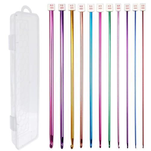 ZFKXGS 11 Stück Tunesische Häkelnadel Set mit Aufbewahrungsbox, 27 cm Lange Stricknadeln Häkelset für Anfänger Ergonomics Crochet Set Stricknadeln aus Bunt Aluminium 2mm-8mm Stricken Werkzeuge Zubehör von ZFKXGS