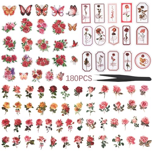 ZFKXGS 180Stück Sticker Blumen Rose Scrapbook Zubehör Set Bullet Journal Aesthetic Aufkleber Transparent PET Stickers für Fotoalbum Sammelalbum Notizbuch Tagebuch Laptops DIY Geschenkverpackungen Deko von ZFKXGS