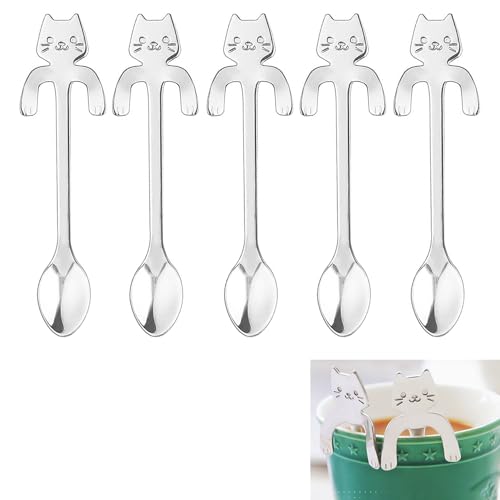 ZFKXGS 5 Stück Cat Teelöffel Dessertlöffel Klein Kaffee Espresso Löffel Süße Eislöffel Edelstahl 304 Spiegelpoliert Spülmaschinenfest für Haushalte Restaurants Kantinen Zucker Kuchen Eis Küchen Gadget von ZFKXGS