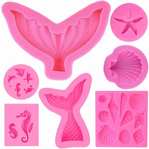 ZFKXGS 7Stück Silikonform Meerjungfrau Fondantform Groß 3D Ozean Tier Meerestiere Silikon Backform Set Meerjungfrau Tortendeko Formen Fondant Muschelform für Backen Kuchen Schokolade SüßIgkeiten Gelee von ZFKXGS