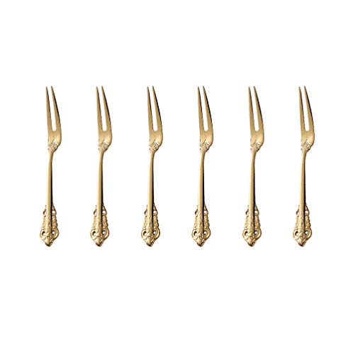 Golden Besteck-Set Barock, Antik Look, 18/10 Edelstahl Spiegelpolierte, für Haus, Küche, Restaurant, Hochzeit, Partys, Nachmittagstee, 2 Zinken Obst Gabel Schneckengabel 6-teiliges, Länge 16.5cm von ZFQ