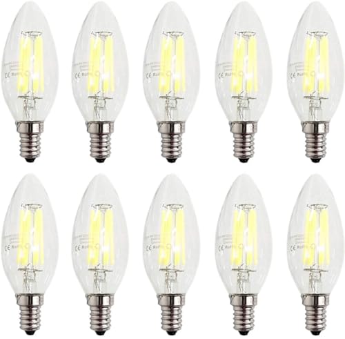 ZFQ E14 Kerze LED Lampe 6W Dimmbar, Entspricht 60W, Kaltweiß 6500K, 600LM, C35 Glühbirne Kerze, E14 Filament Fadenlampe, Transparentes Glas, für Kronleuchter, Wandlamp, AC 220V-240V, 10 Stück von ZFQ
