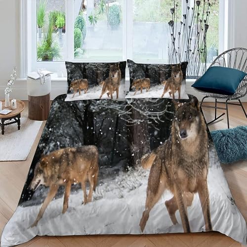 Bettwäsche 135x200 3 teilig Soft Microfaser Bettwäsche Set Tier Wolf & Braun Muster Bettbezug mit Reißverschluss und 2 Kissenbezug 80x80 cm für Kinder und Erwachsene von ZFSZSD