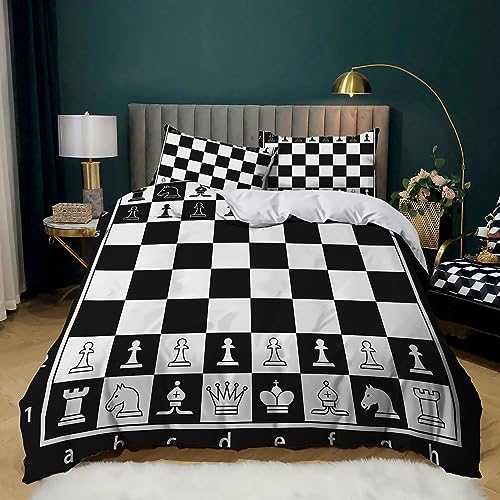 Bettwäsche 200x200 Schach & Schwarz & Weiß Muster Bettbezug mit Reißverschluss und 2 Kissenbezug 80x80 cm für Kinder und Erwachsene von ZFSZSD