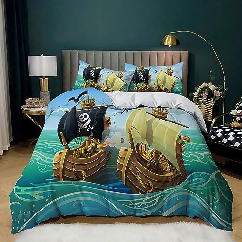 Kinder Bettwäsche Set Schlafkomfort Anti Allergie Microfaser Cartoon-Segelschiff Und Pirat Bettwäsche 135x200 cm, Bettbezug Set 3-teilig mit 2 Kissenbezug 80x80cm mit Reißverschluss von ZFSZSD