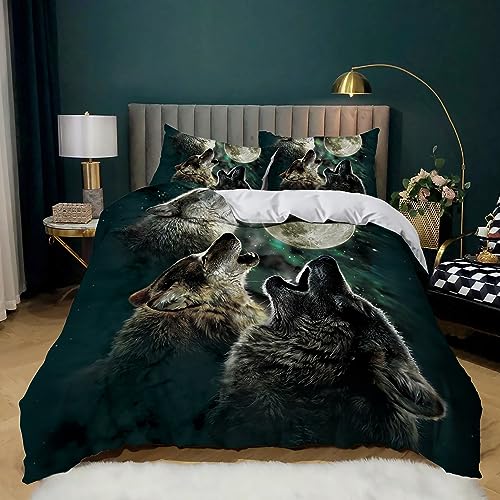 Kinder Bettwäsche Set Schlafkomfort Anti Allergie Microfaser Tier Wolf Und Mond Bettwäsche 135x200 cm, Bettbezug Set 3-teilig mit 2 Kissenbezug 80x80cm mit Reißverschluss von ZFSZSD