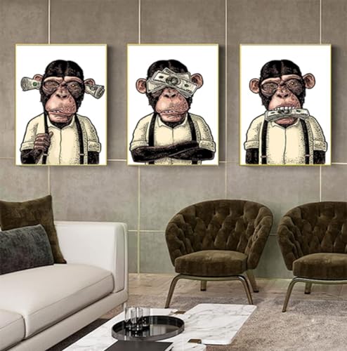 3er Set Poster Hochlandkuh Badezimmer Poster,Bilder von Geld Orang Utans und Affen,Tier Schwarz Weiß Wand Kunst Drucke,Rahmenlos (Poster-04,3Pcs-40x60cm) von ZFTCN