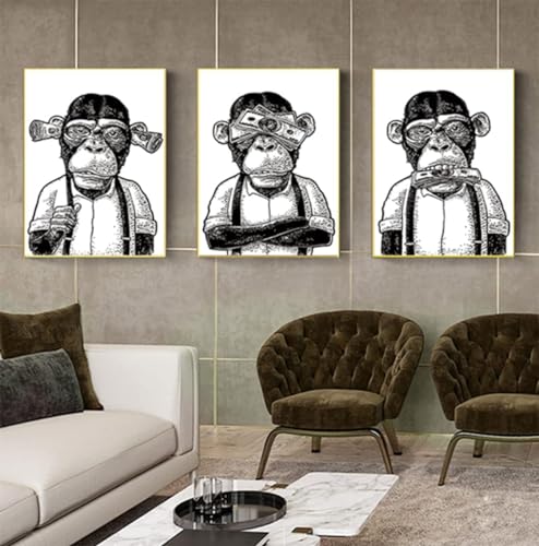 3er Set Poster Hochlandkuh Badezimmer Poster,Bilder von Geld Orang Utans und Affen,Tier Schwarz Weiß Wand Kunst Drucke,Rahmenlos (Poster-05,3Pcs-60x90cm) von ZFTCN