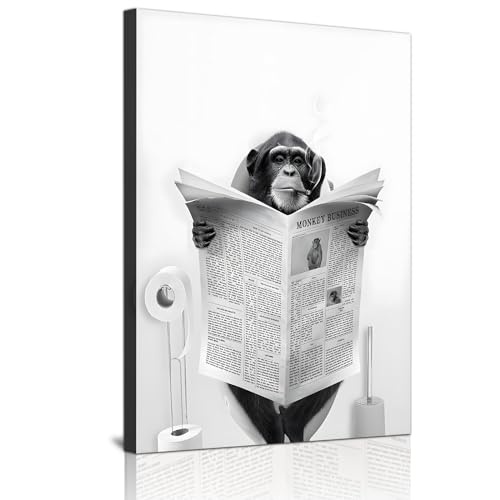 ZFTCN Lustige Zeitung Tier Wandkunst, Tier Wandbilder auf Toiletten, Schwarz-weiß Leinwand Bilder, Badezimmer Schlafzimmer Dekoration, Rahmenlos (Affe,20x30 cm) von ZFTCN
