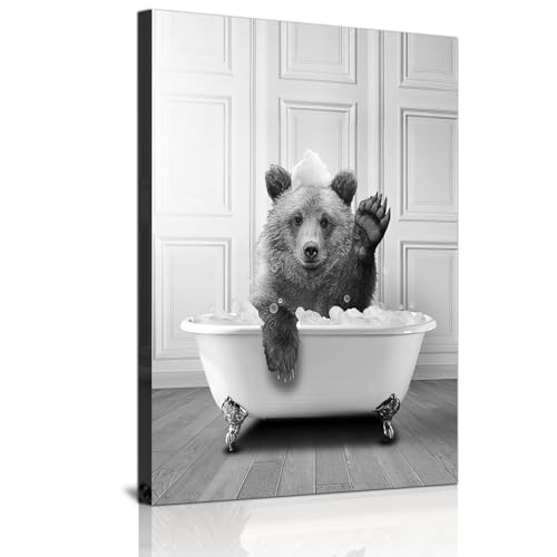 ZFTCN Lustige Zeitung Tier Wandkunst, Tier Wandbilder auf Toiletten, Schwarz-weiß Leinwand Bilder, Badezimmer Schlafzimmer Dekoration, Rahmenlos (Bär,60x90 cm) von ZFTCN