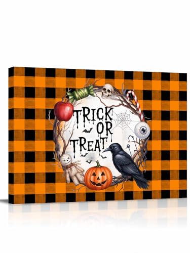 Leinwanddruck, Wandkunst, Halloween, Krähe, Kürbis, Süßigkeiten, Ölgemälde, Drucke, gerahmtes Bild, orange-schwarz, kariert, gemaltes Kunstwerk für Zuhause, Schlafzimmer, Wohnzimmer, Dekoration, 61 x Leinwanddruck, Wandkunst, Halloween, Krähe, Kürbis, Süßigkeiten, Ölgemälde, Drucke, gerahmtes Bild, orange-schwarz, kariert, gemaltes Kunstwerk für Zuhause, Schlafzimmer, Wohnzimmer, Dekoration, 61 x von ZFUNCING