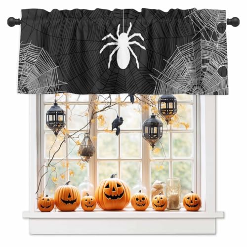 ZFUNCING Küchen-Vorhang für kleine Fenster, Halloween-Spinnennetz-Textur, Stangentasche, kurze Verdunkelungsvorhänge, schwarz-weiß, verdunkelnde Fensterbehandlung für Wohnzimmer, Schlafzimmer von ZFUNCING