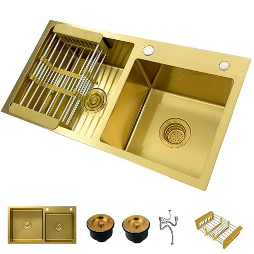 Doppelspüle Aus Edelstahl – Unterbauspüle Oder Einbauspüle Mit 2 Becken, Abtropffläche, Abflussgarnitur, Siebkorb, Rechteckige Küchenspüle Für Moderne Küchen(Gold,75x40cm) von ZGCSINNK