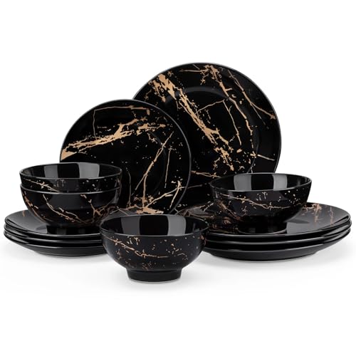 ZGCrumphant 12/24-teiliges Keramikteller-Set, Farbe: Blaue Glasur mit Gold, Porzellan-Geschirrset mit 4/8-teiligen Abendessen-/Dessert-/Schüsseln(24 Piece) von ZGCrumphant
