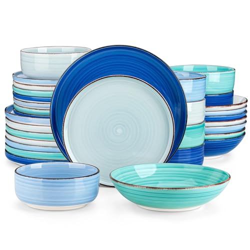 ZGCrumphant 16/32-teiliges Keramikteller-Set in gemischten Blautönen, handbemalte Spiralen, Geschirr-Sets mit 4/8 Speisetellern/Desserttellern/Schüsseln(32 Piece) von ZGCrumphant
