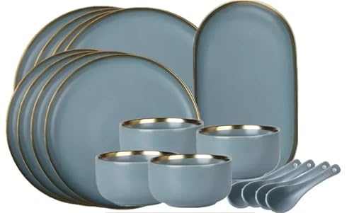 ZGCrumphant Keramikgeschirrset mit mattem vergoldetem Rand und Löffel, Müslischale, Dessertteller, Steakteller for Abendessen, Geschenkteller- und Schüsselset(4 People Set) von ZGCrumphant