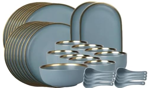 ZGCrumphant Keramikgeschirrset mit mattem vergoldetem Rand und Löffel, Müslischale, Dessertteller, Steakteller for Abendessen, Geschenkteller- und Schüsselset(8 People Set) von ZGCrumphant