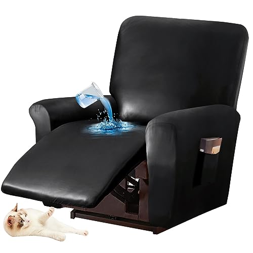 ZGDDPZA 1/2/3 Sitzer Recliner Sofabezug, Stretch Relaxsessel Bezug Wasserdichtes PU-Leder Ruhesessel Bezug Schonbezug Mit 2 Taschen Liegesessel Möbelbezug Für Wohnzimmer (Schwarz,Chair (4 PCS)) von ZGDDPZA