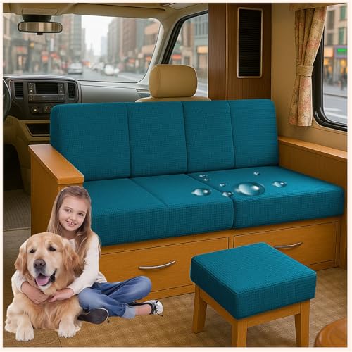 ZGDDPZA Stretch Sitzkissenbezüge für Wohnmobil, Caravan, Gartenbank Sofa Wasserabweisende mit 2 Gummibändern rutschfeste Jacquard Hussen für Rückenlehne Sitzfläche (Blau,L40-65cm W 40-65cm) von ZGDDPZA