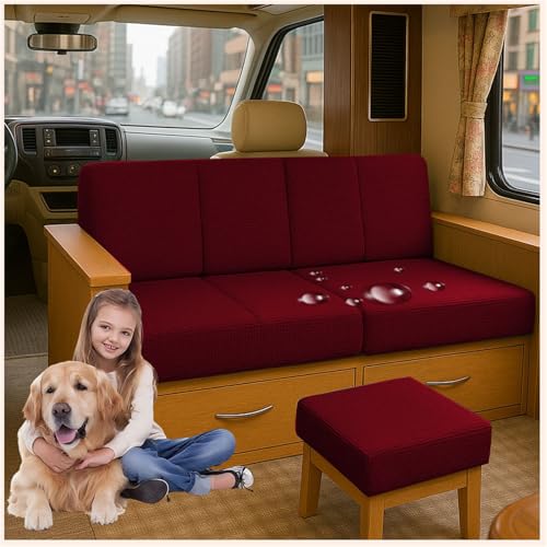 ZGDDPZA Stretch Sitzkissenbezüge für Wohnmobil, Caravan, Gartenbank Sofa Wasserabweisende mit 2 Gummibändern rutschfeste Jacquard Hussen für Rückenlehne Sitzfläche (Weinrot,L65-95cm W 65-95cm) von ZGDDPZA