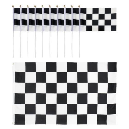 1 Stück Schwarz-Weiß Karierte Rennflagge, 10 Stück Schwarz-Weiß Karierte Handwellenflagge, Flagge, Zielflagge, Zielflaggendekoration, Flaggenbanner von ZGDEIWGF
