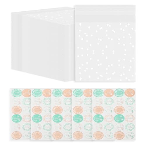 ZGDEIWGF 100 Stück Selbstverschließende Beutel Und 120 Stück Siegelaufkleber, Transparente Selbstklebende Beutel, Keksbeutel, Lebensmittelbeutel, Backverpackungsbeutel von ZGDEIWGF