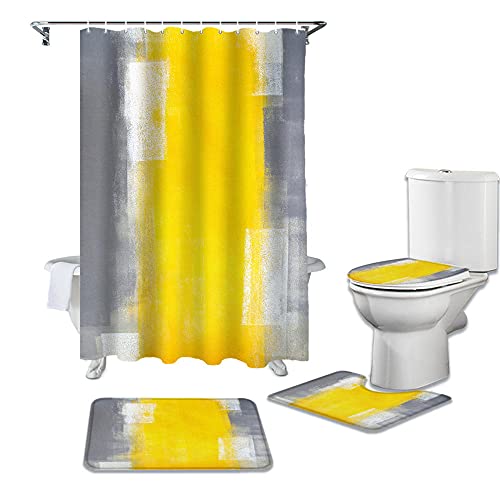 ZGDPBYF 4-Teiliges Duschvorhang-Set Gelb Grau Abstrakte Kunst Textur Duschvorhang-Set Mit Teppich Badematte Teppich Badezimmer Vorhänge Toilettendeckel Abdeckung Home-4-Piece_Set von ZGDPBYF