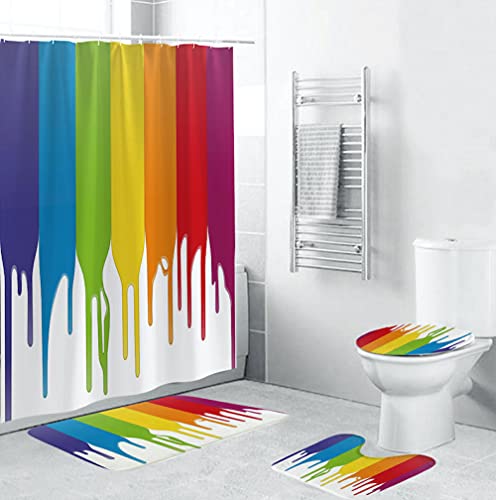 ZGDPBYF 4-teiliges Duschvorhang-Set, interessanter Regenbogen, Badvorhang, WC-Deckelbezug, Teppich-Set, Badezimmerzubehör, 4-teiliges Set von ZGDPBYF