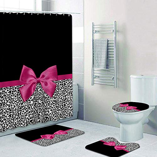 ZGDPBYF 4-teiliges Duschvorhang-Set mit rosa Schleife, Leopardenmuster, Duschvorhang und Badteppich-Set, Geparden-Leopardenmuster, Badvorhänge, Badezimmer, Heimdekoration, 4-teiliges Set von ZGDPBYF