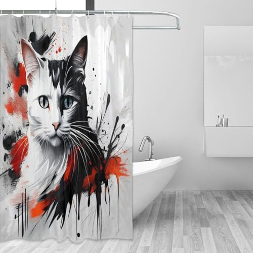 ZGDPBYF Duschvorhang, Cartoon-Tier-Katze, Duschvorhang, schwarz-weiße Katze mit Fantasie, abstraktes Design, Polyester, wasserdicht, 240 x 180 cm (B x H) von ZGDPBYF