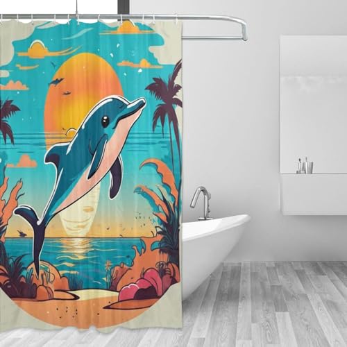 ZGDPBYF Sunset Splash Lustiger Delfin-Duschvorhang, wasserdicht, Badezimmer-Dekoration, Zubehör, kommt mit 12 Duschvorhangringen, 150 x 180 cm (B x H) von ZGDPBYF