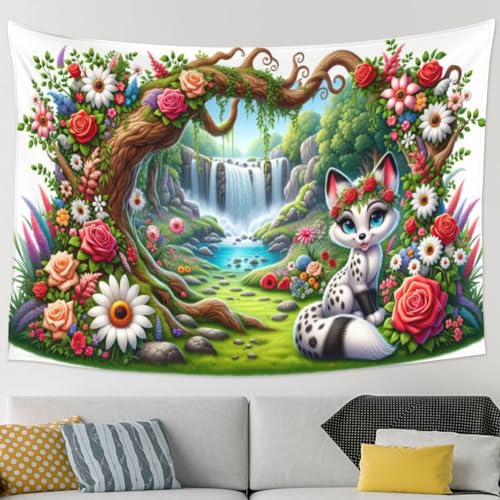 ZGDPBYF Wandteppich, flauschiger Fuchs und florale Fantasie im verzauberten Wald, Landschafts-Wandbehang, Wandteppich für Schlafsaal, Dekoration, Sofa, Bett, Decke, 150 x 100 cm (B x H) von ZGDPBYF