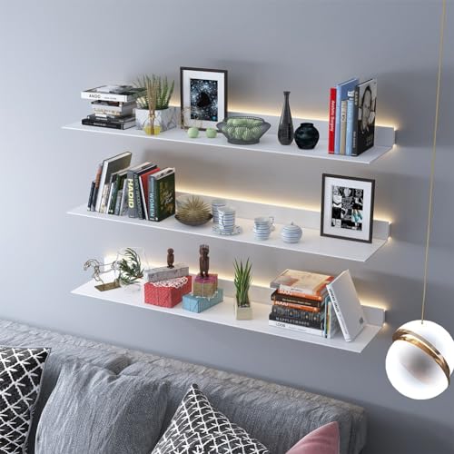Schwimmende Bücherregale aus Metall mit integriertem beleuchtetem LED-Licht, schwebender Aufbewahrungs-Home-Decor-Organizer, für Badezimmer, Schlafzimmer, Wohnzimmer ( Color : White , Size : 60x20x6cm von ZGFHNY