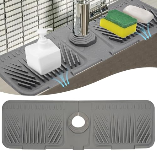 Silikon Abtropfmatte Wasserhahn,Neigung 5 Grad Wasserhahn Spritzschutz Küche,Waschbecken Spritzschutz Spüle,Wasserhahn Matte Silikon,Abtropfmatte Wasserhahn,Spritzschutz Waschbecken,Grau 44,5x14cm von ZGGZHeim