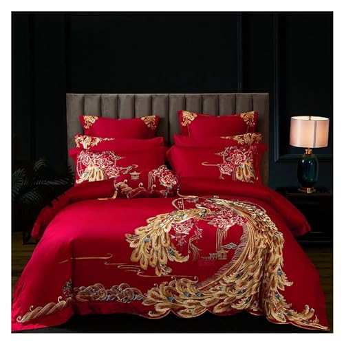 Bettwäsche-Set bestehend aus vier Teilen: Luxus Gold Phoenix Stickerei Rot Chinesische Hochzeit 100S Ägyptischer Baumwolle Bettwäsche Set Bettbezug Bettlaken Bettdecke Kissenbezug(King Size 4pcs) von ZGHQHCDRH