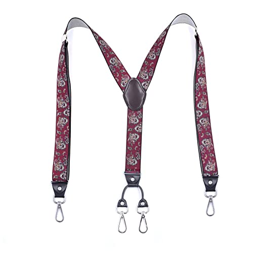 Hosenträger, 3,5 * 125 cm Mode Hosenträger Leder 4 Clips Klammer Männlich Vintage Casual Hochzeit Party Hosen Strap Ehemann Geschenk(Red Print) von ZGHQHCDRH